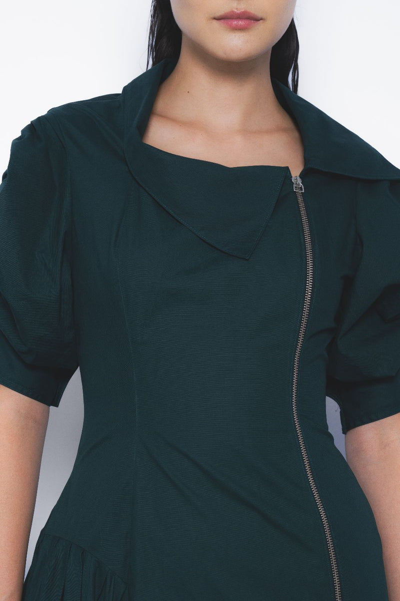 Soir Zipper Dress - Forest Green cotton by Leh Studios in green color for women Worldwide