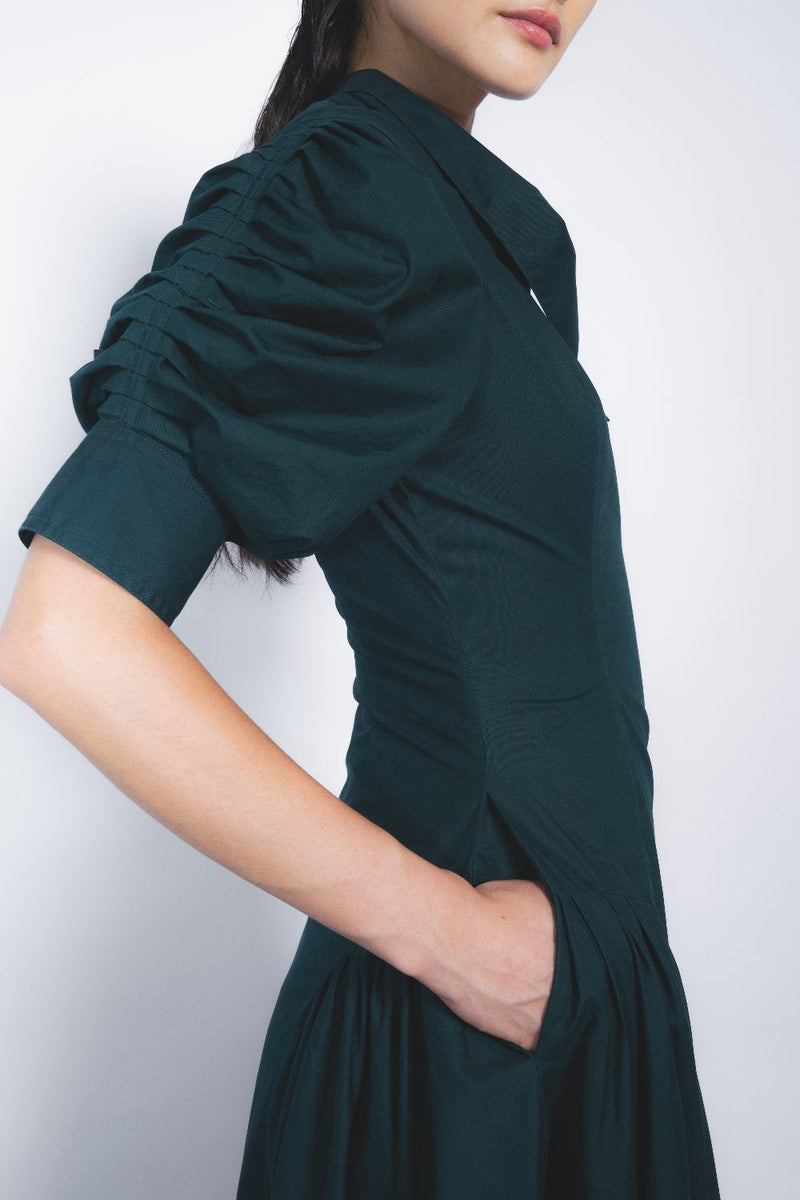 Soir Zipper Dress - Forest Green cotton by Leh Studios in green color for women Worldwide