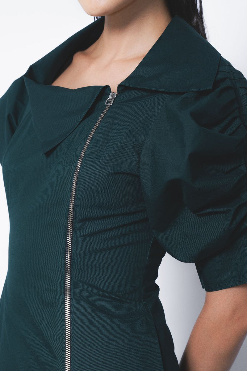 Soir Zipper Dress - Forest Green cotton by Leh Studios in green color for women Worldwide