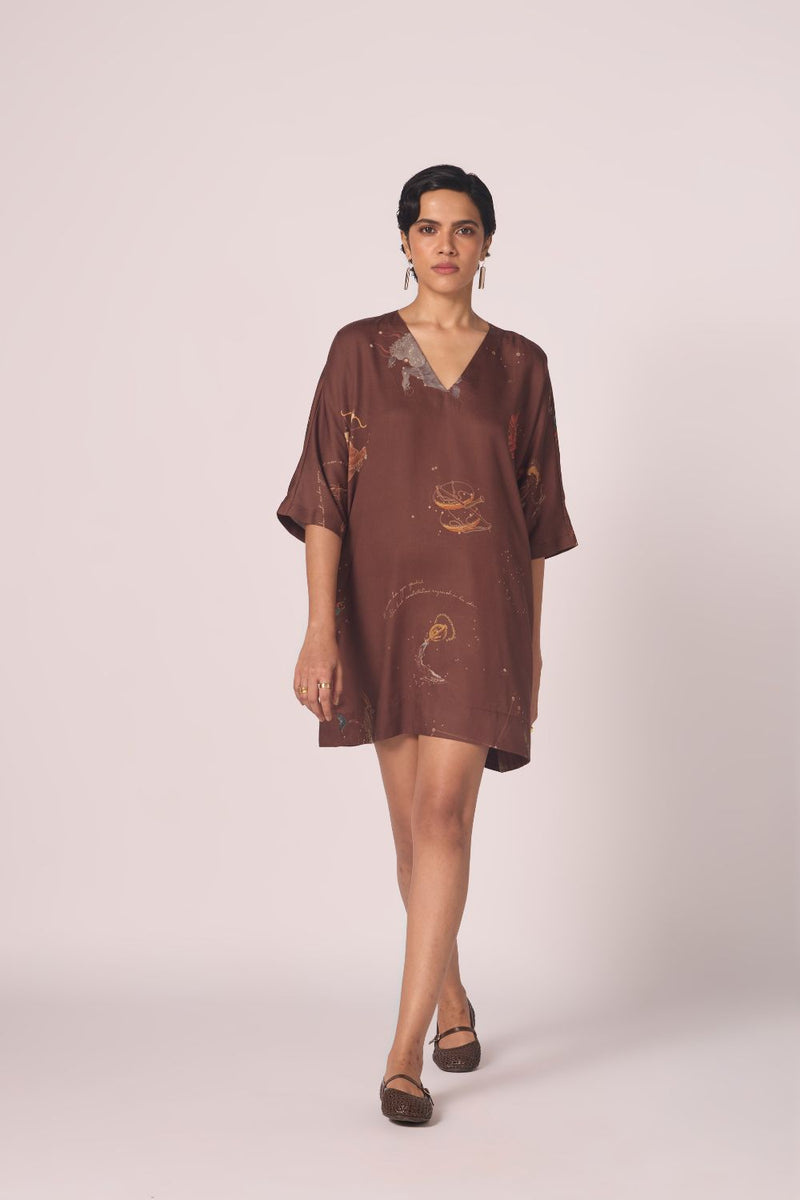Stad Brown Zodiac Print Shift Dress by The Summer House in brown color for women Worldwide