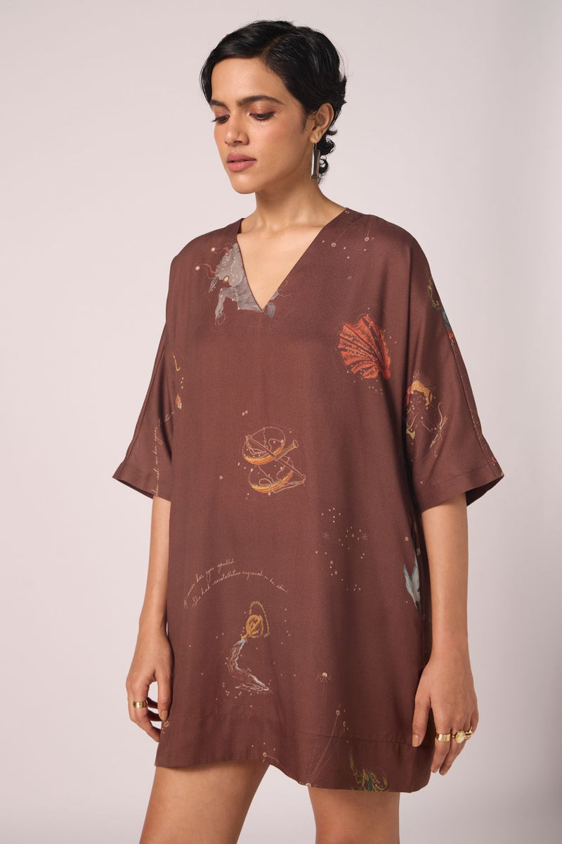 Stad Brown Zodiac Print Shift Dress by The Summer House in brown color for women Worldwide