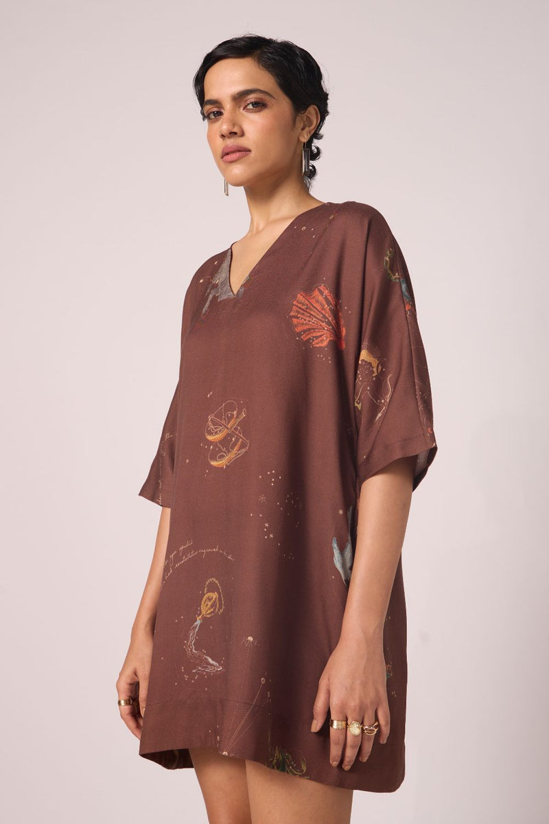 Stad Brown Zodiac Print Shift Dress by The Summer House in brown color for women Worldwide