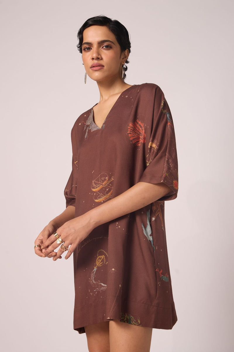 Stad Brown Zodiac Print Shift Dress by The Summer House in brown color for women Worldwide