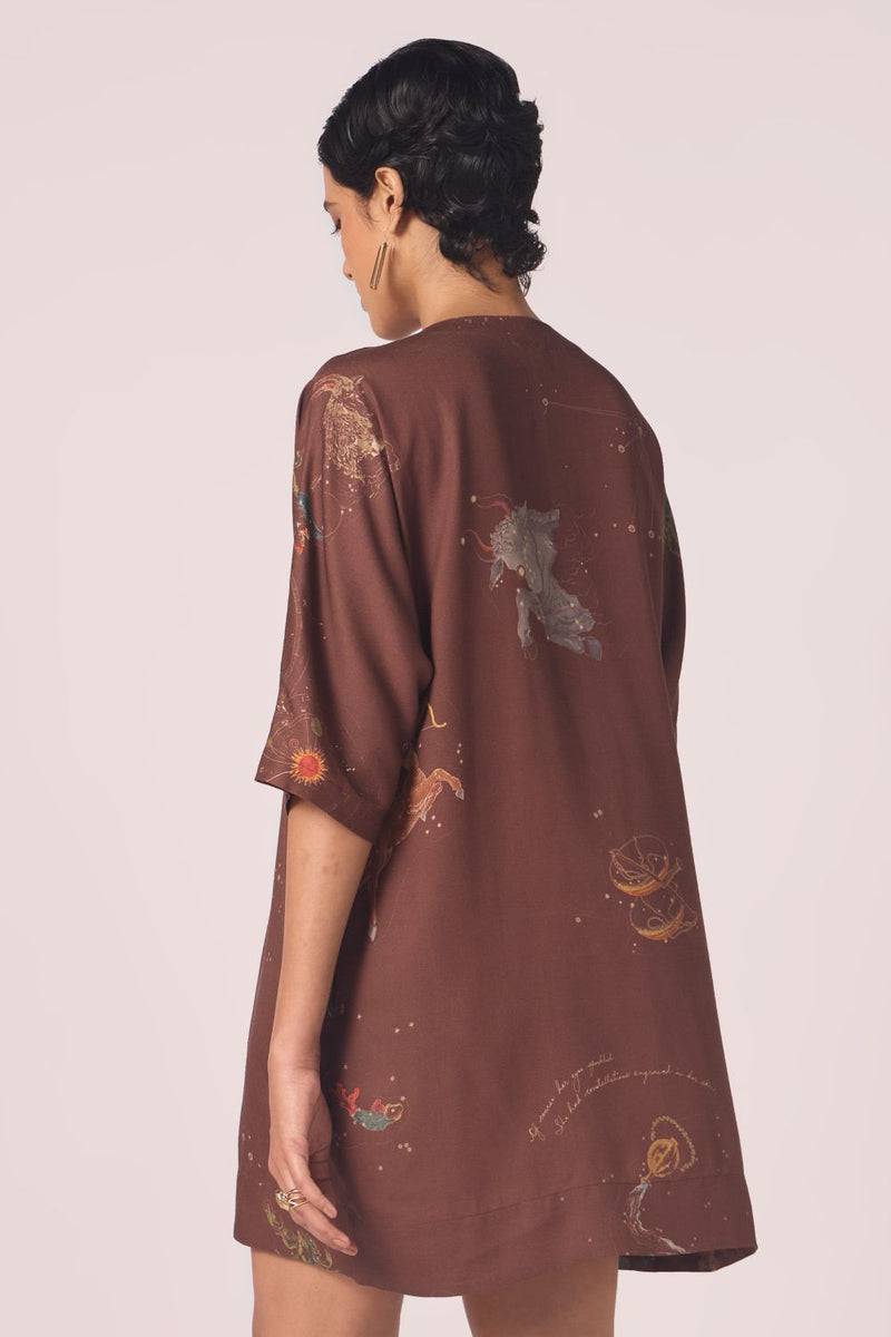 Stad Brown Zodiac Print Shift Dress by The Summer House in brown color for women Worldwide