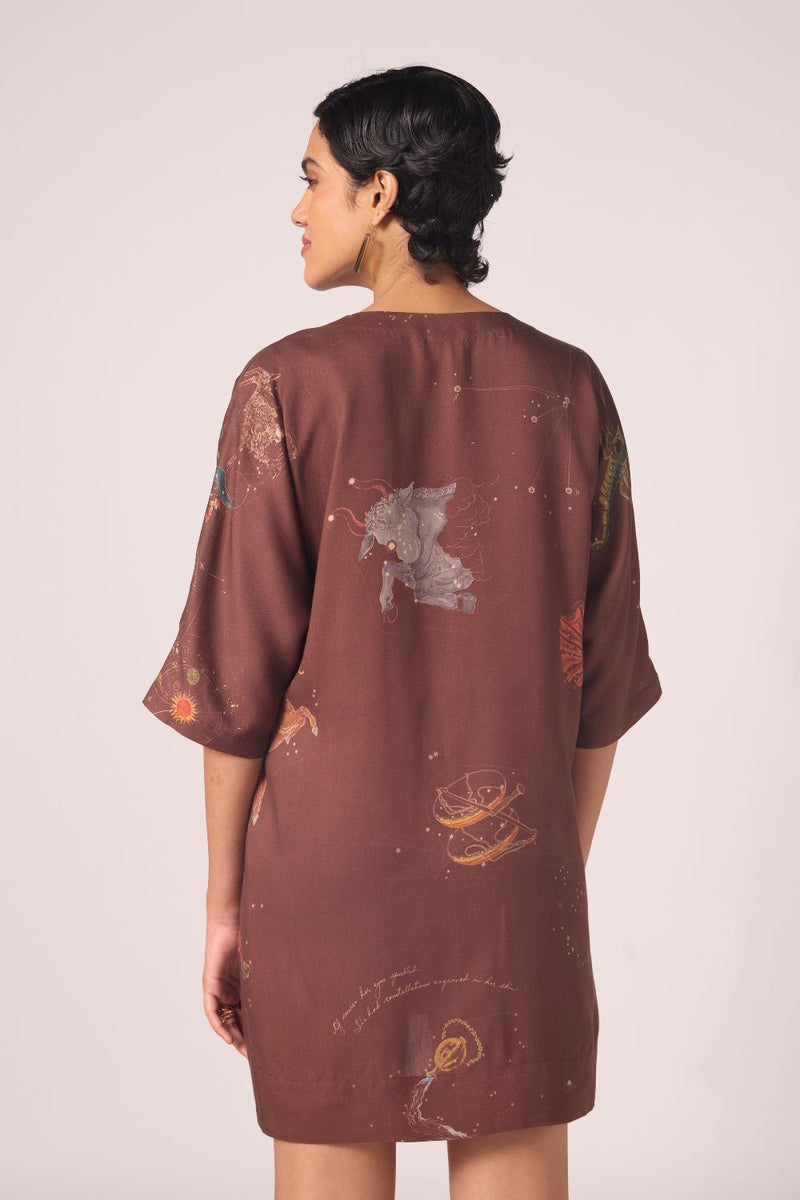 Stad Brown Zodiac Print Shift Dress by The Summer House in brown color for women Worldwide