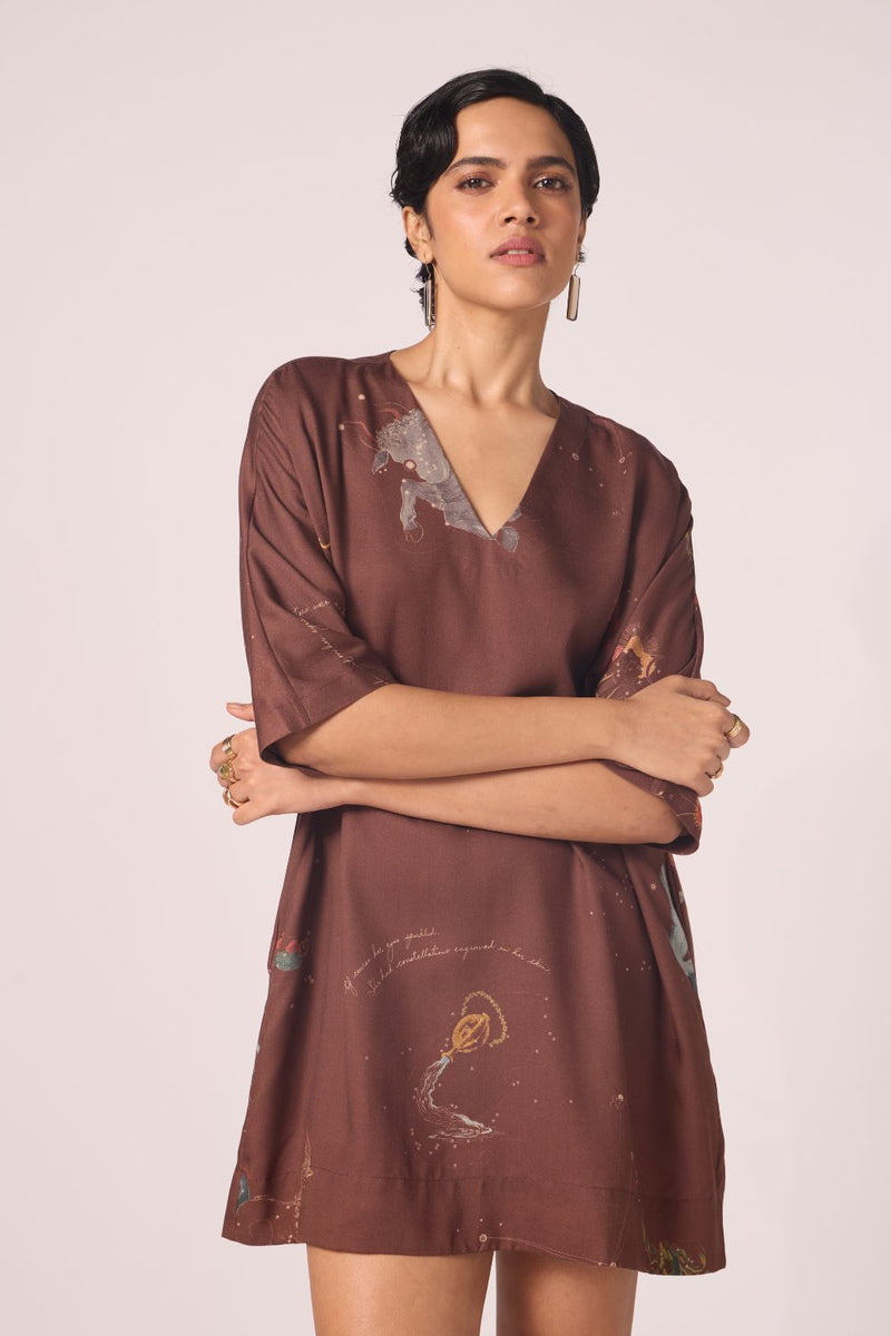 Stad Brown Zodiac Print Shift Dress by The Summer House in brown color for women Worldwide