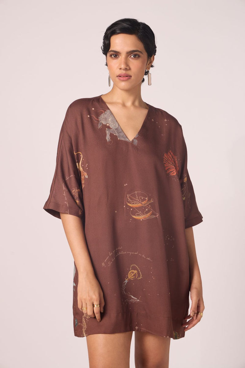 Stad Brown Zodiac Print Shift Dress by The Summer House in brown color for women Worldwide