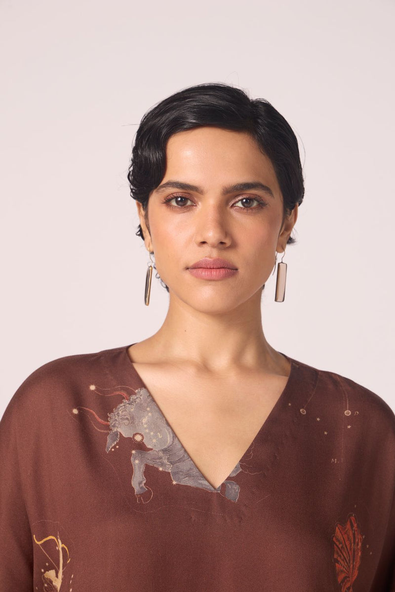 Stad Brown Zodiac Print Shift Dress by The Summer House in brown color for women Worldwide