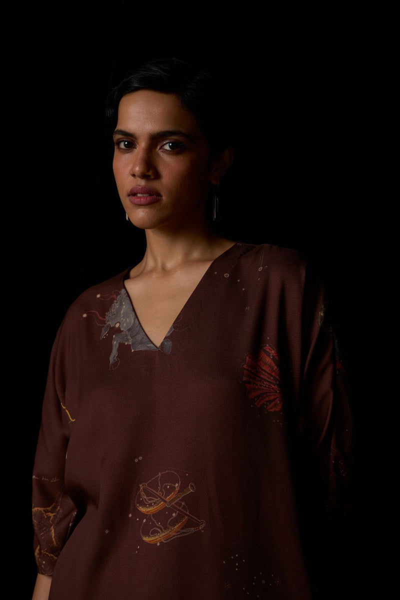 Stad Brown Zodiac Print Shift Dress by The Summer House in brown color for women Worldwide