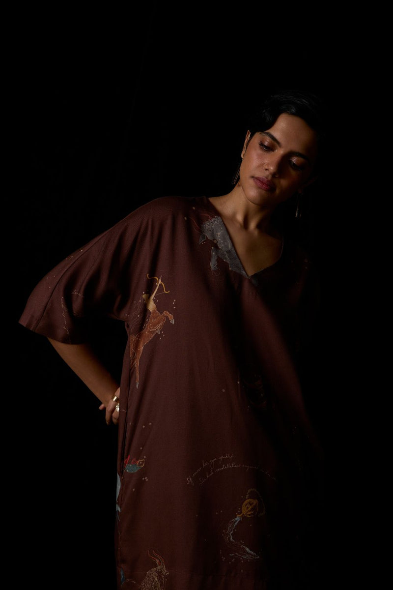 Stad Brown Zodiac Print Shift Dress by The Summer House in brown color for women Worldwide