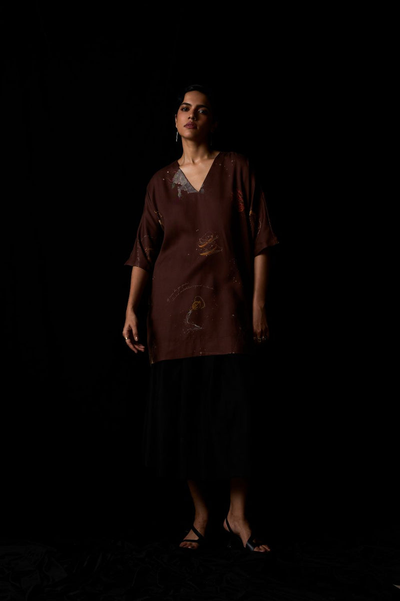 Stad Brown Zodiac Print Shift Dress by The Summer House in brown color for women Worldwide