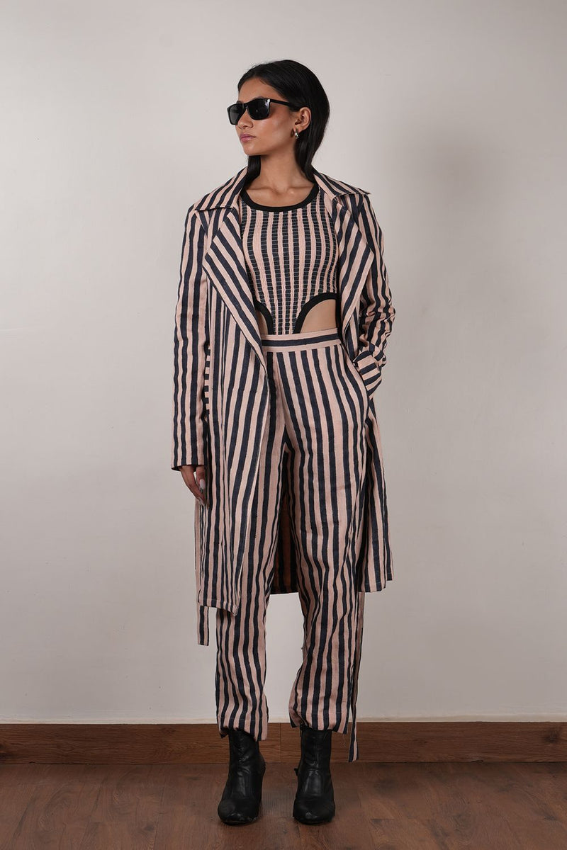 Pink with Charcoal Block Printed Striped Trench & Bodysuit Set (3 PCS) cotton by Mati in pink color for women Worldwide