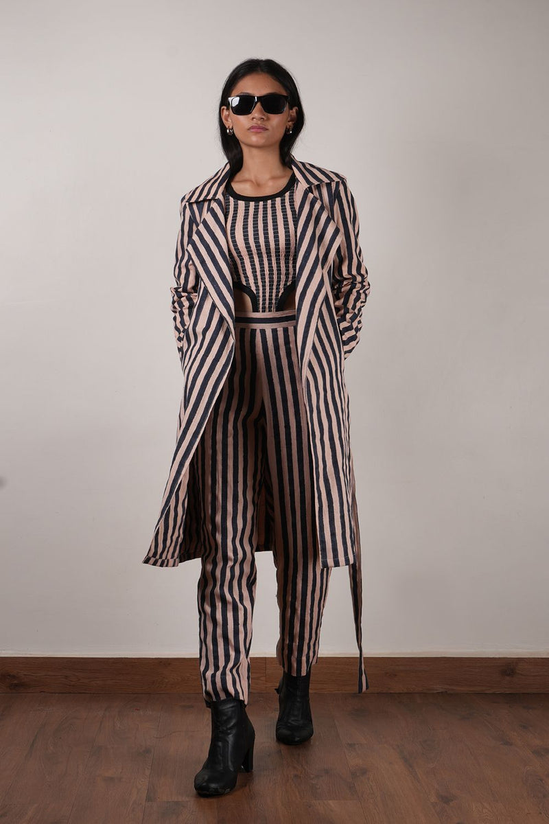 Pink with Charcoal Block Printed Striped Trench & Bodysuit Set (3 PCS) cotton by Mati in pink color for women Worldwide