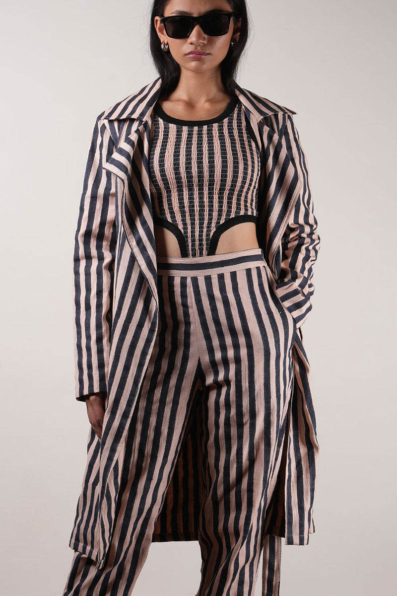 Pink with Charcoal Block Printed Striped Trench & Bodysuit Set (3 PCS) cotton by Mati in pink color for women Worldwide