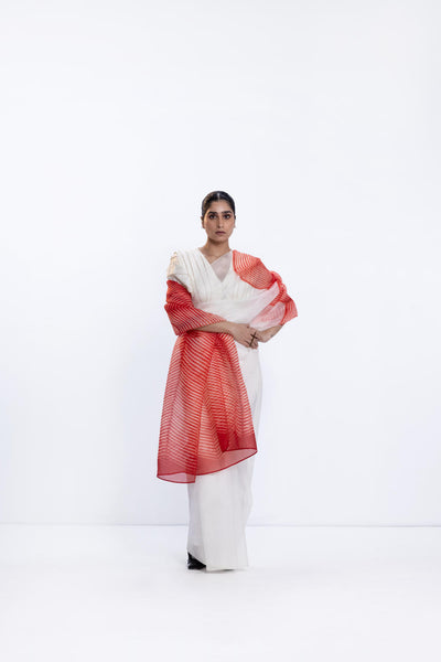 SHORE SAREE - IVORY/RED