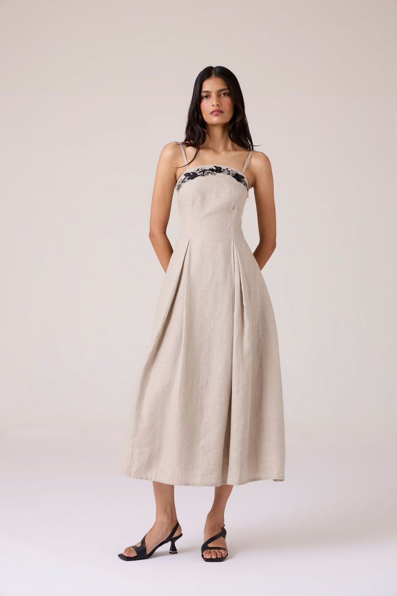 Suhjan Beige Linen Dress linen by The Summer House in beige color for women Worldwide