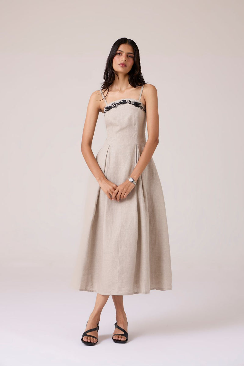 Suhjan Beige Linen Dress linen by The Summer House in beige color for women Worldwide