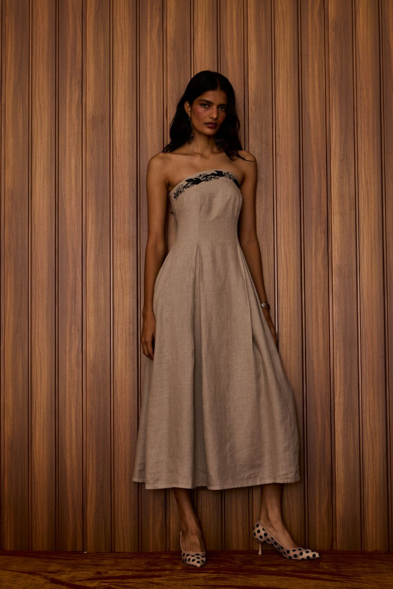 Suhjan Beige Linen Dress linen by The Summer House in beige color for women Worldwide