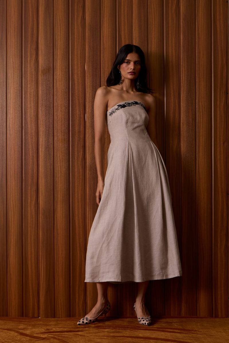 Suhjan Beige Linen Dress linen by The Summer House in beige color for women Worldwide
