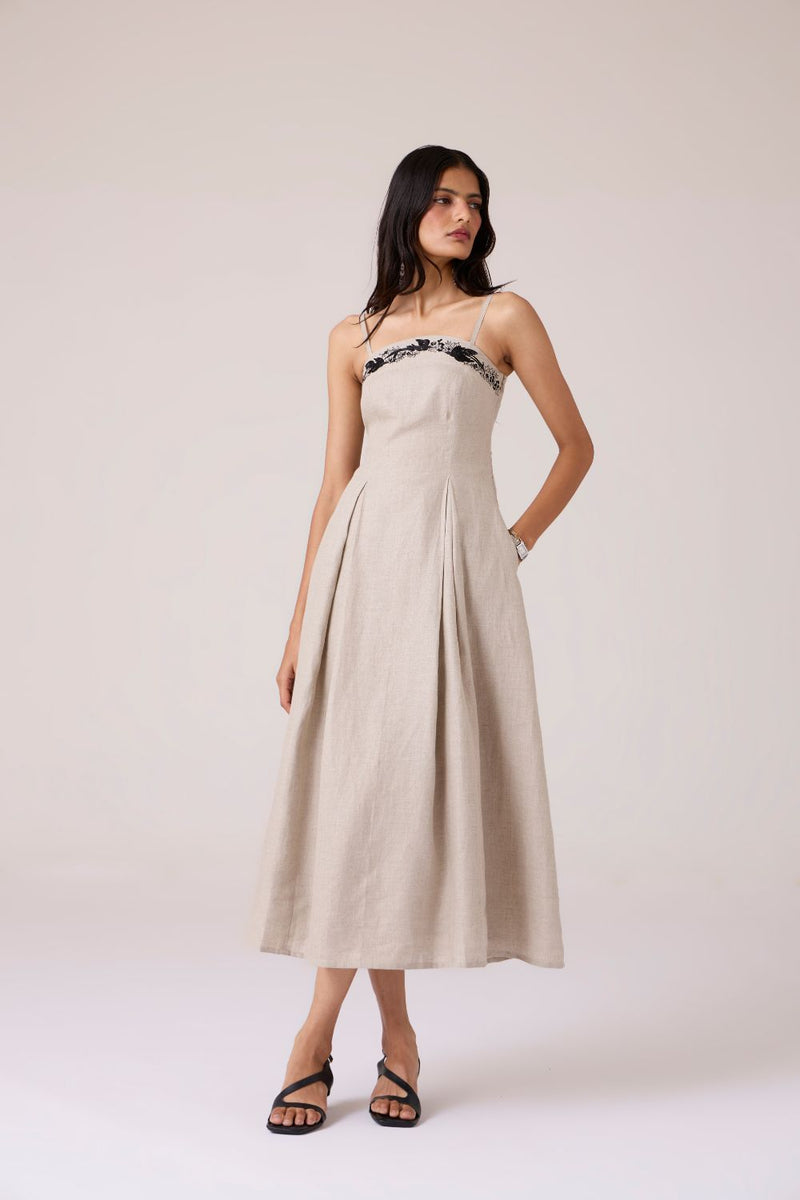 Suhjan Beige Linen Dress linen by The Summer House in beige color for women Worldwide