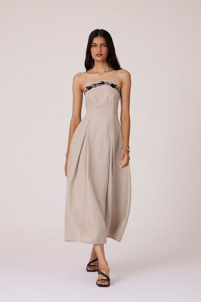 Suhjan Beige Linen Dress linen by The Summer House in beige color for women Worldwide