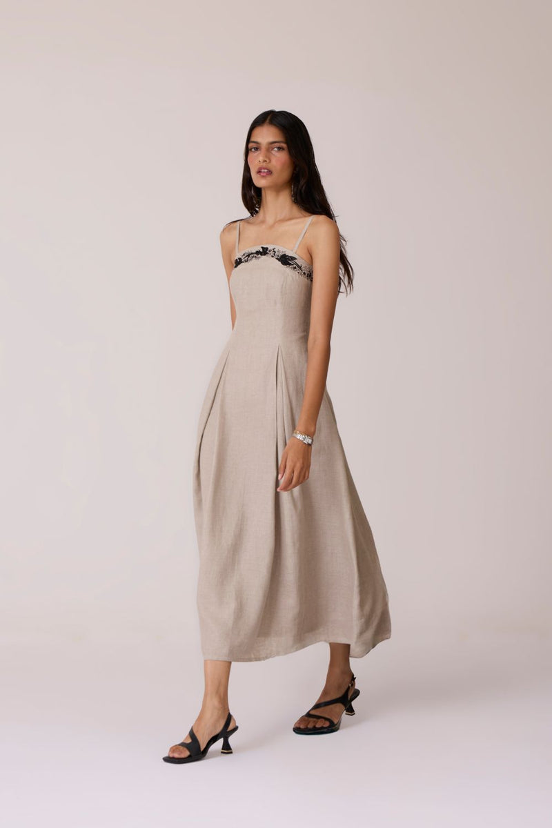 Suhjan Beige Linen Dress linen by The Summer House in beige color for women Worldwide