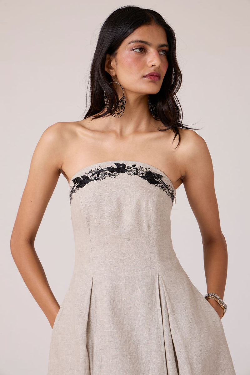 Suhjan Beige Linen Dress linen by The Summer House in beige color for women Worldwide
