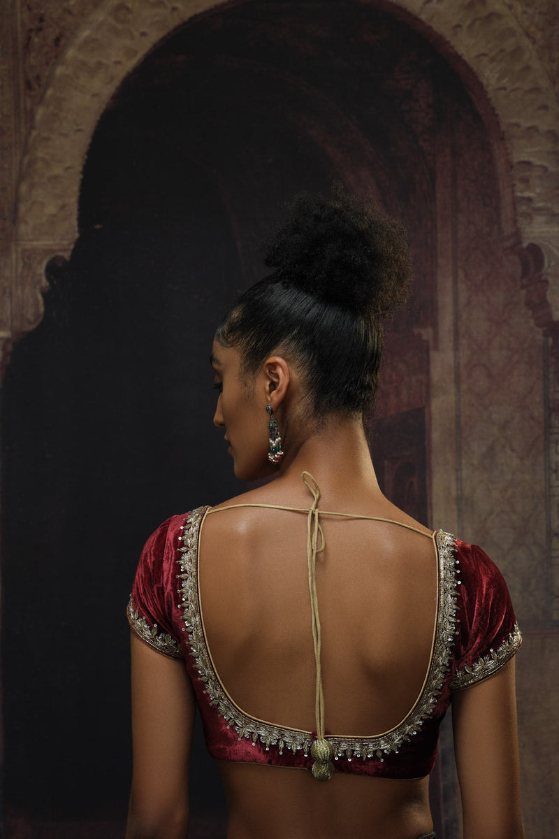 Sultani surkh shaneel jhalar bel blouse by Mallika Mathur for women Worldwide