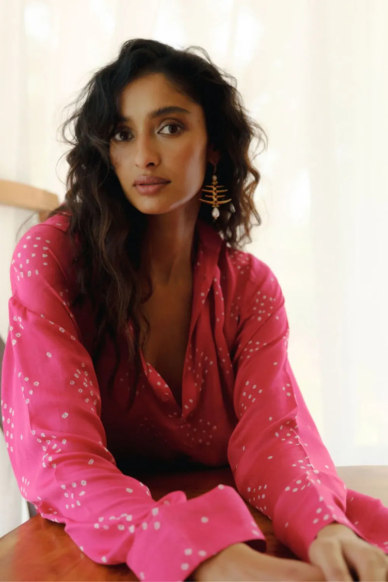 Suma Silk Bandhani Kaftan silk by Ituvana in pink color for women Worldwide