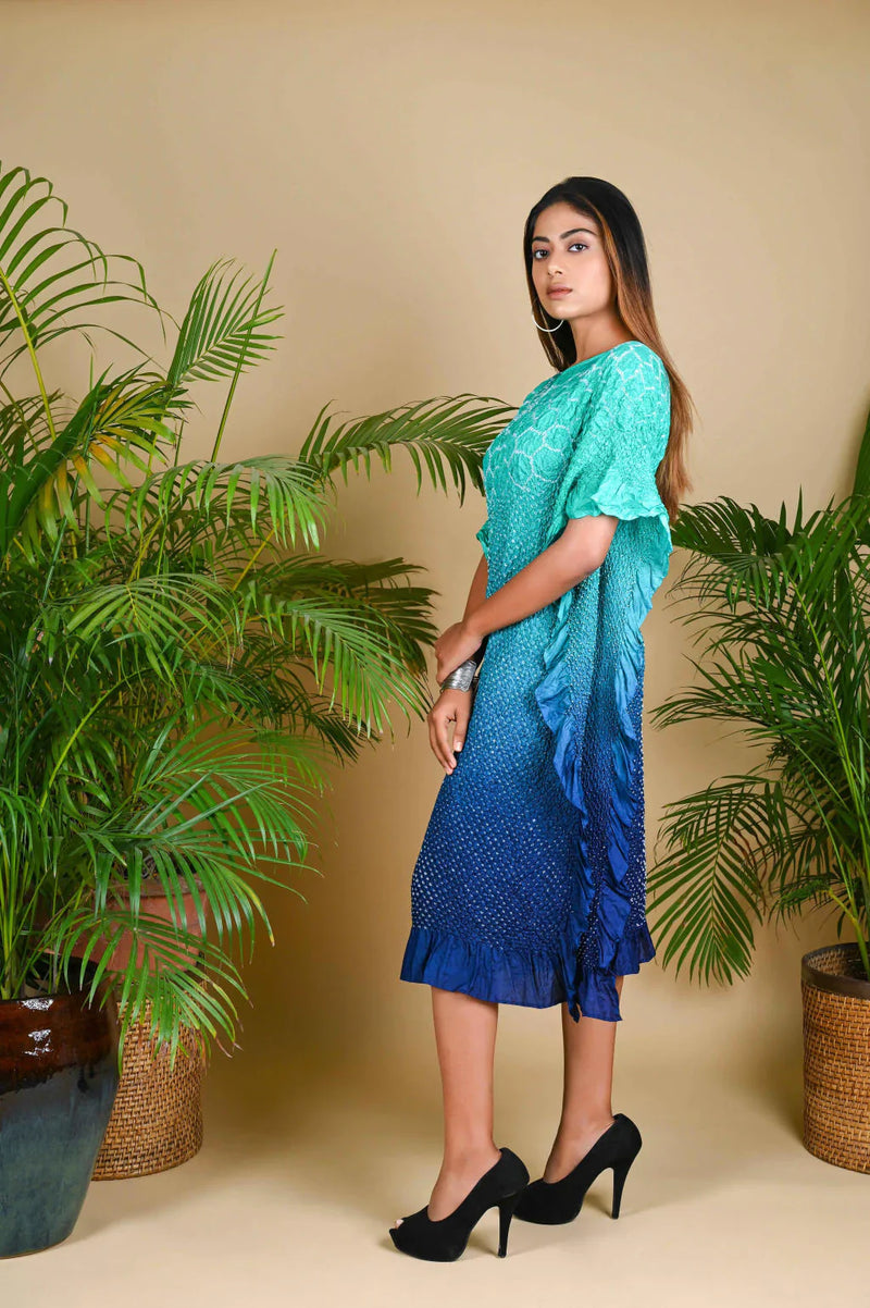 SUNFLOWER KAFTAN-AQUA GREEN TO INDIGO SHADED silk by Dyelogue in multi color for women Worldwide
