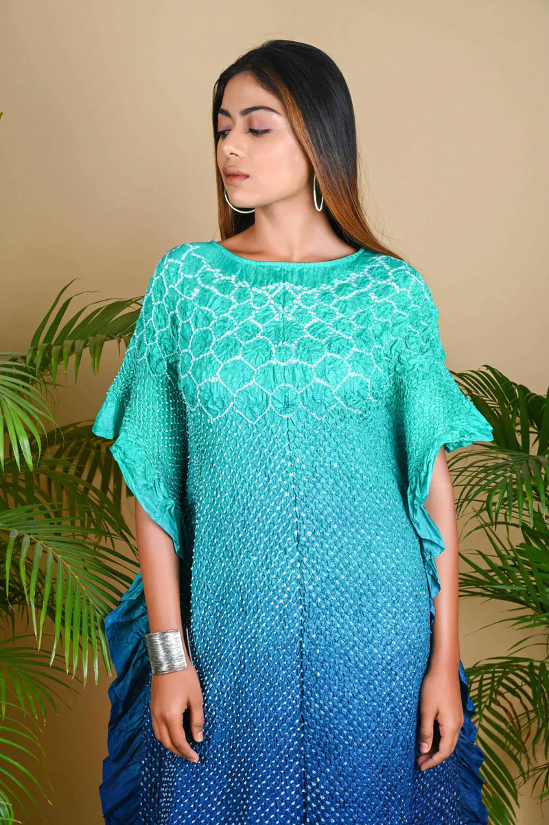 SUNFLOWER KAFTAN-AQUA GREEN TO INDIGO SHADED silk by Dyelogue in multi color for women Worldwide