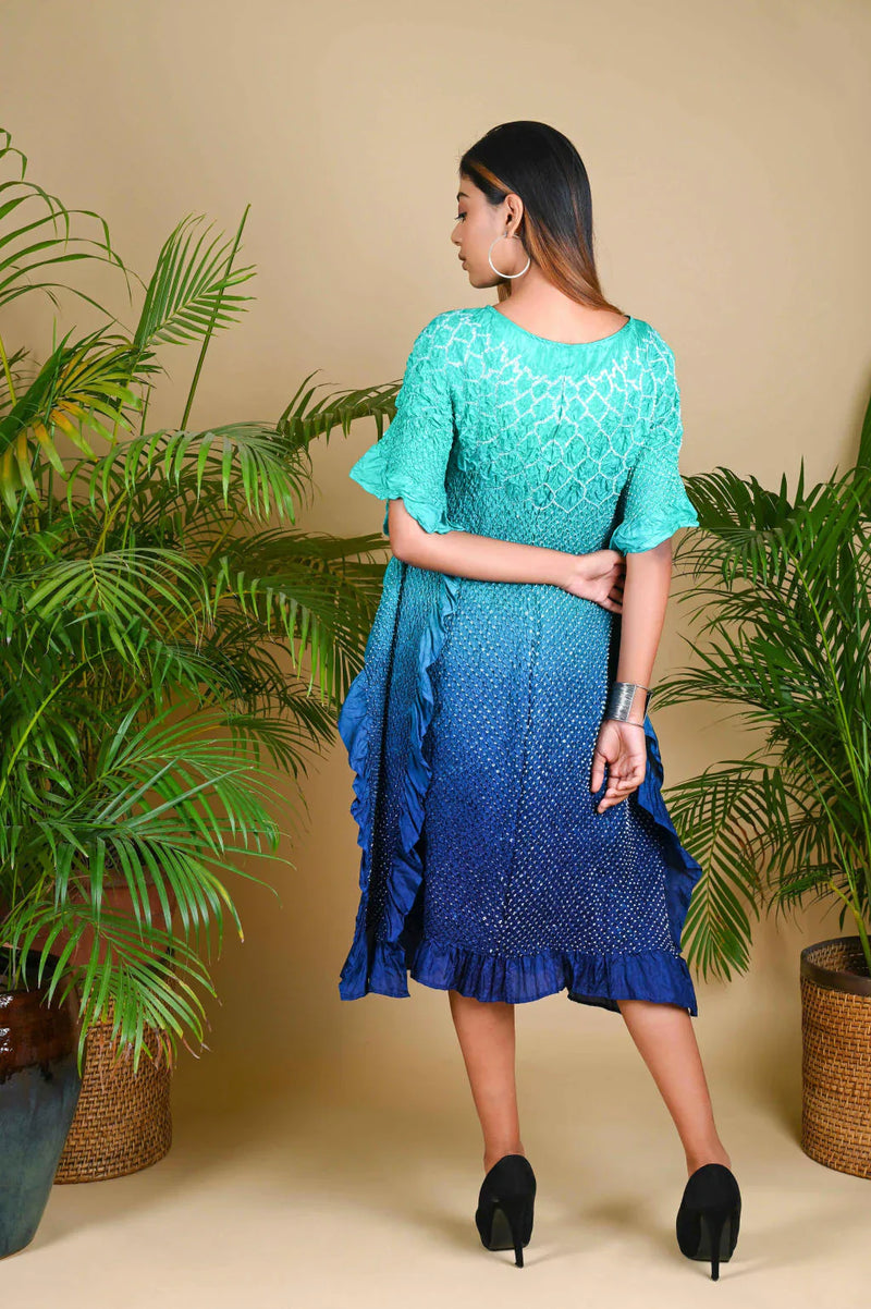 SUNFLOWER KAFTAN-AQUA GREEN TO INDIGO SHADED silk by Dyelogue in multi color for women Worldwide