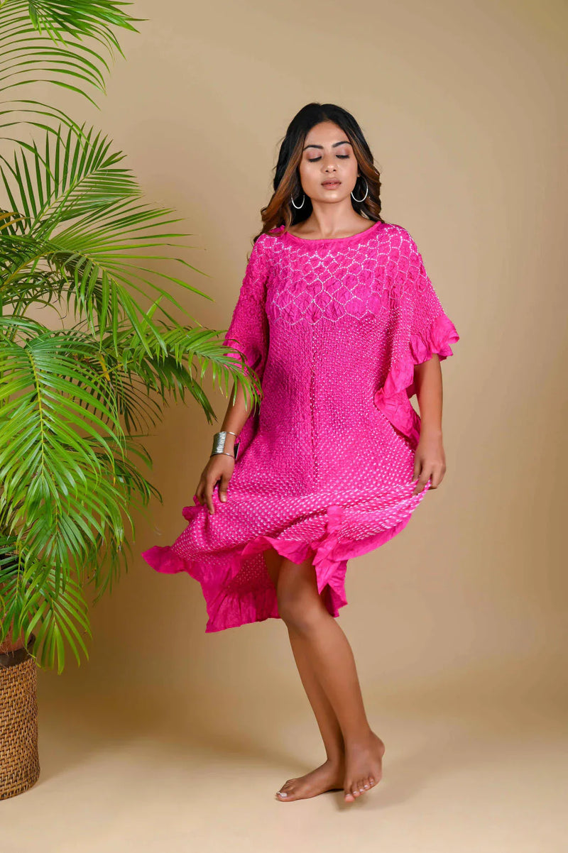 SUNFLOWER KAFTAN-FUSCHIA PINK silk by Dyelogue for women Worldwide