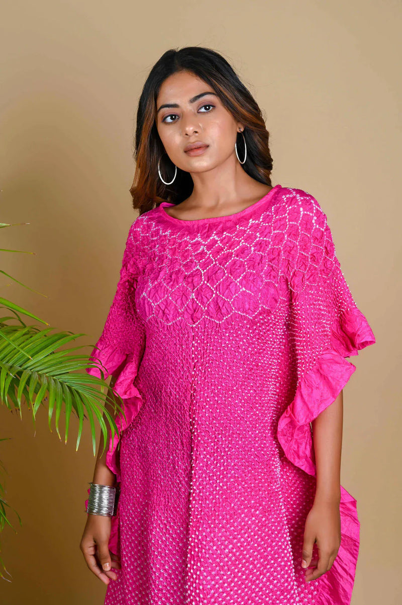 SUNFLOWER KAFTAN-FUSCHIA PINK silk by Dyelogue for women Worldwide