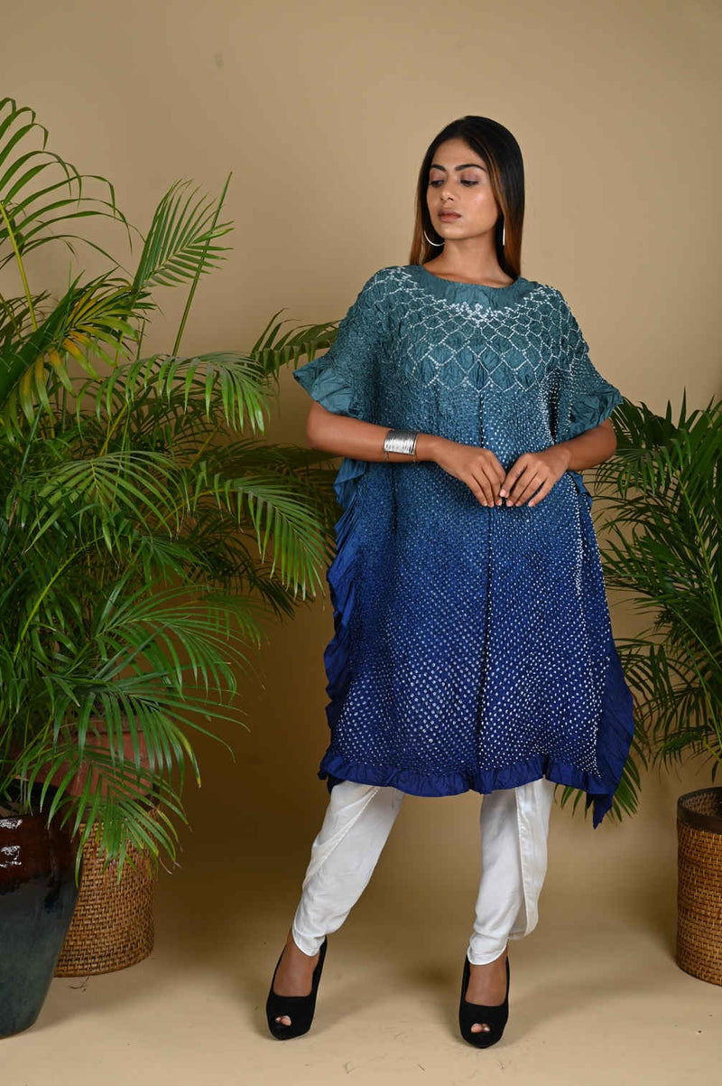 SUNFLOWER KAFTAN-GREY TO INDIGO BLUE SHADED silk by Dyelogue in multi color for women Worldwide