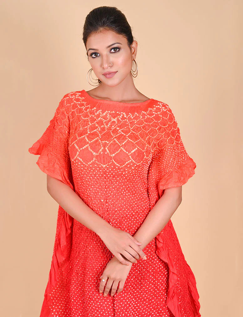 SUNFLOWER KAFTAN-ORANGE RED SHADED silk by Dyelogue in multi color for women Worldwide