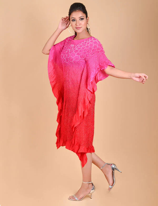 SUNFLOWER KAFTAN-PINK RED SHADED silk by Dyelogue in multi color for women Worldwide