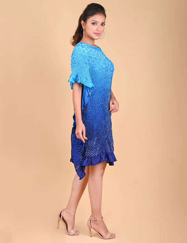 SUNFLOWER KAFTAN-TURQUOISE TO INDIGO SHADED silk by Dyelogue in multi color for women Worldwide