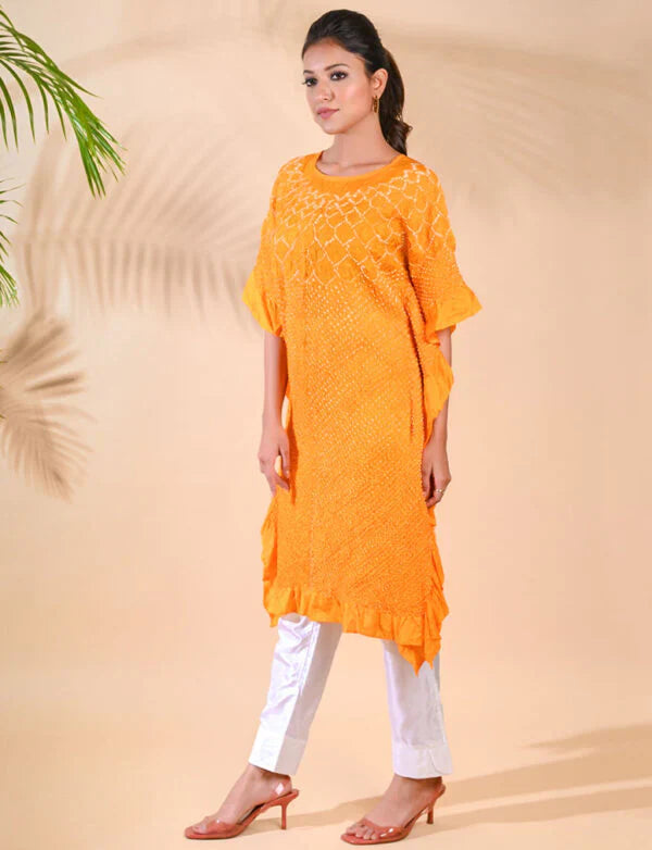 SUNFLOWER KAFTAN-MUSTARD YELLOW silk by Dyelogue in yellow color for women Worldwide