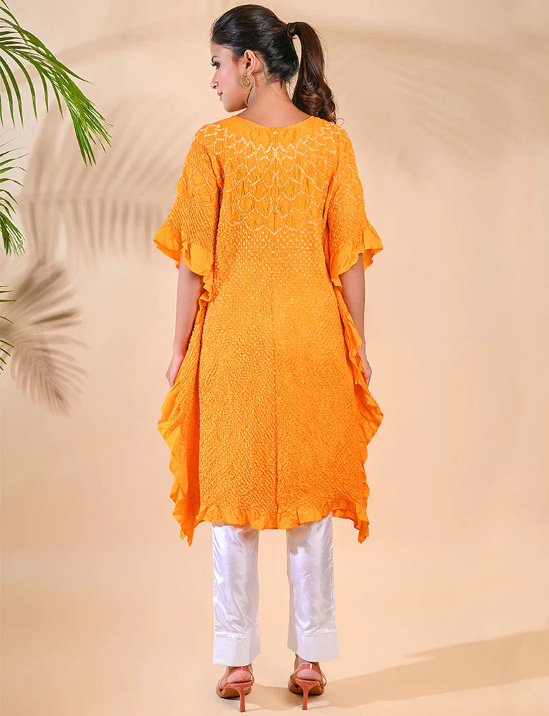SUNFLOWER KAFTAN-MUSTARD YELLOW silk by Dyelogue in yellow color for women Worldwide