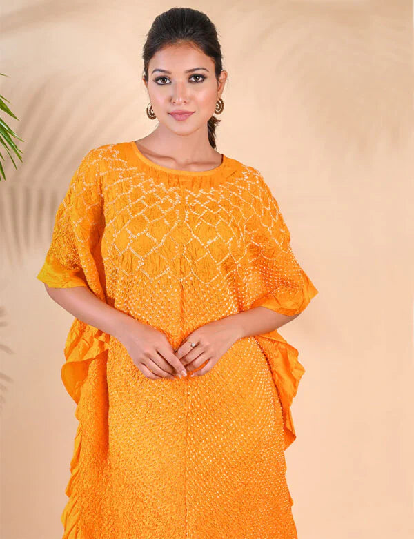 SUNFLOWER KAFTAN-MUSTARD YELLOW silk by Dyelogue in yellow color for women Worldwide