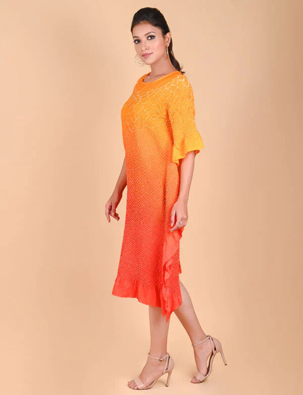 SUNFLOWER KAFTAN-YELLOW ORANGE SHADED silk by Dyelogue in multi color for women Worldwide