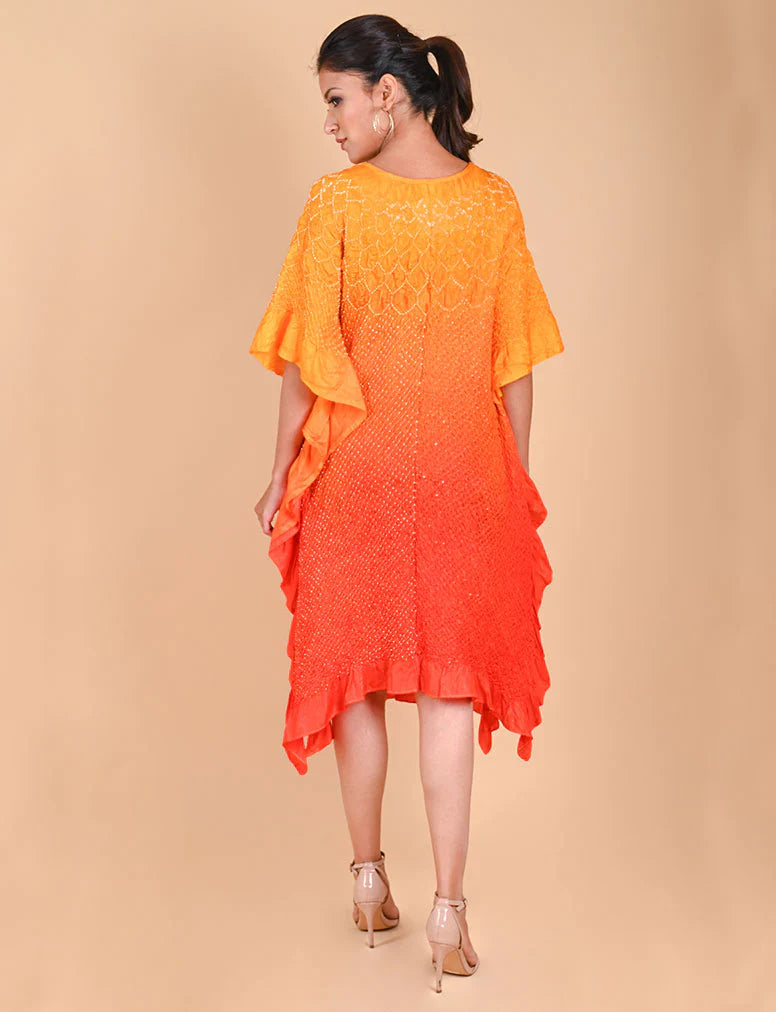 SUNFLOWER KAFTAN-YELLOW ORANGE SHADED silk by Dyelogue in multi color for women Worldwide