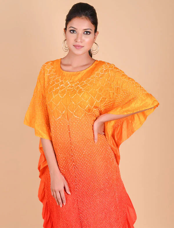 SUNFLOWER KAFTAN-YELLOW ORANGE SHADED silk by Dyelogue in multi color for women Worldwide