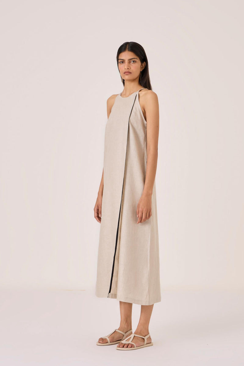 Supun Biege Linen Panelled Dress by The Summer House in beige color for women Worldwide