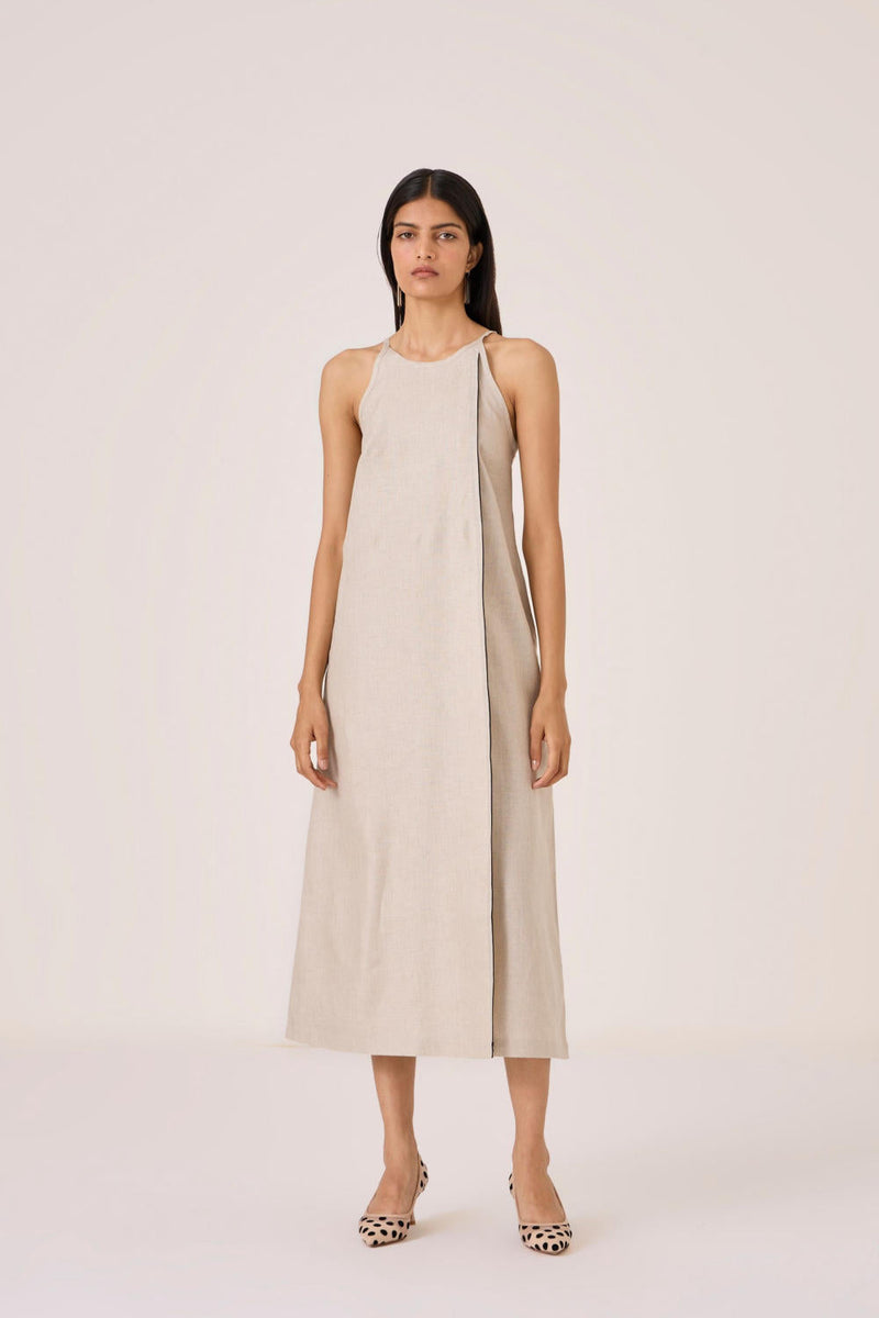 Supun Biege Linen Panelled Dress by The Summer House in beige color for women Worldwide