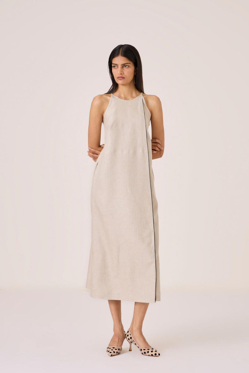 Supun Biege Linen Panelled Dress by The Summer House in beige color for women Worldwide