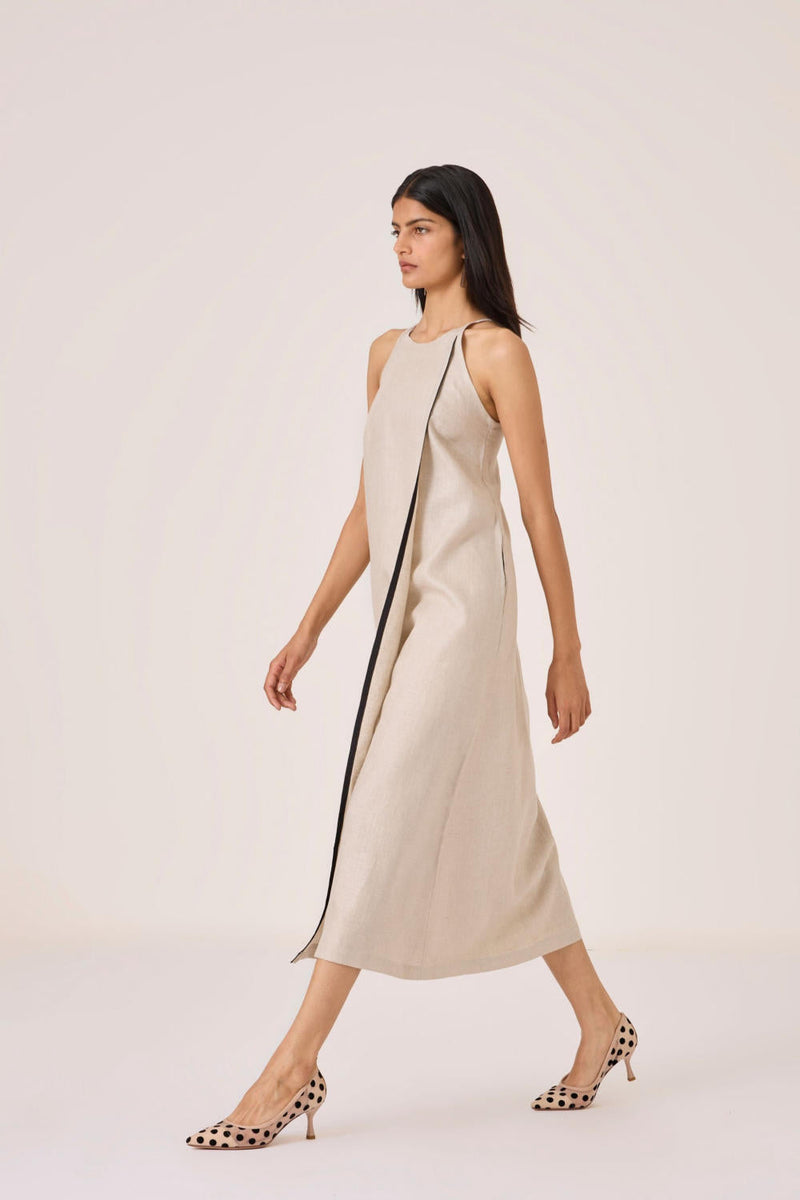 Supun Biege Linen Panelled Dress by The Summer House in beige color for women Worldwide