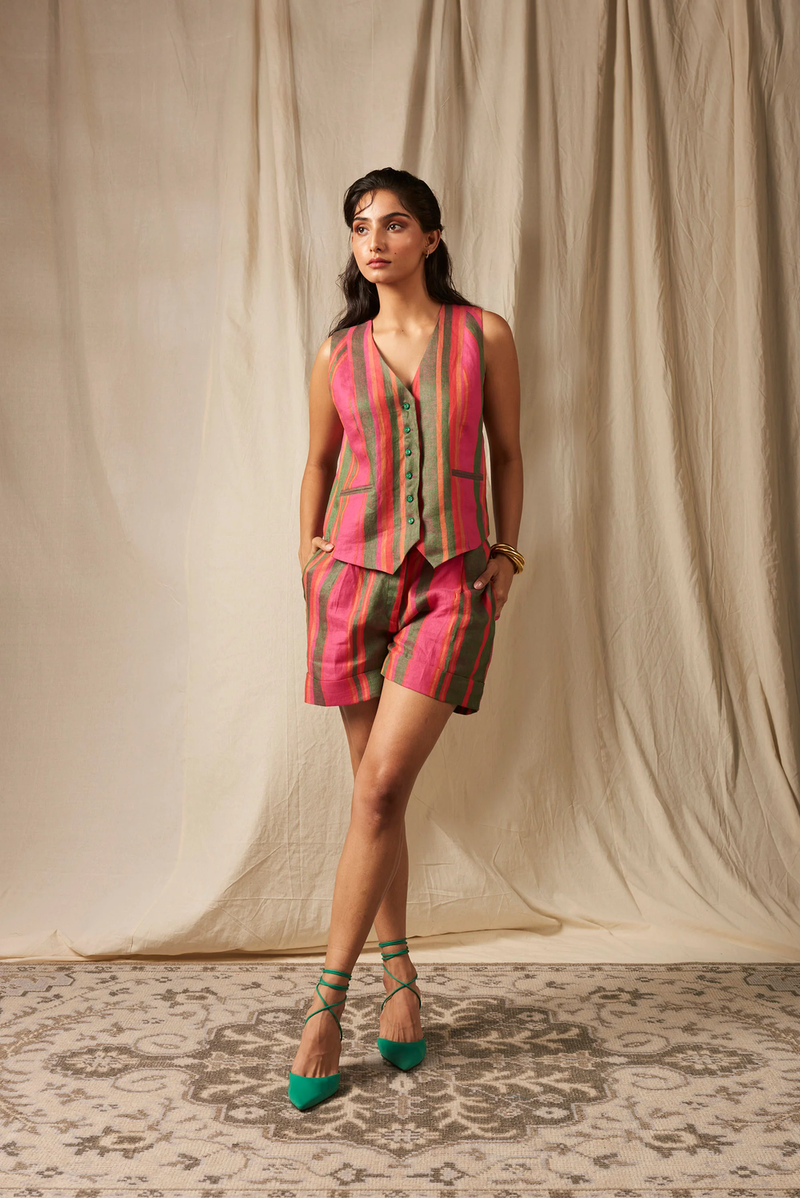Surekha Linen Waist Coat Set linen by Saphed in multi color for women Worldwide