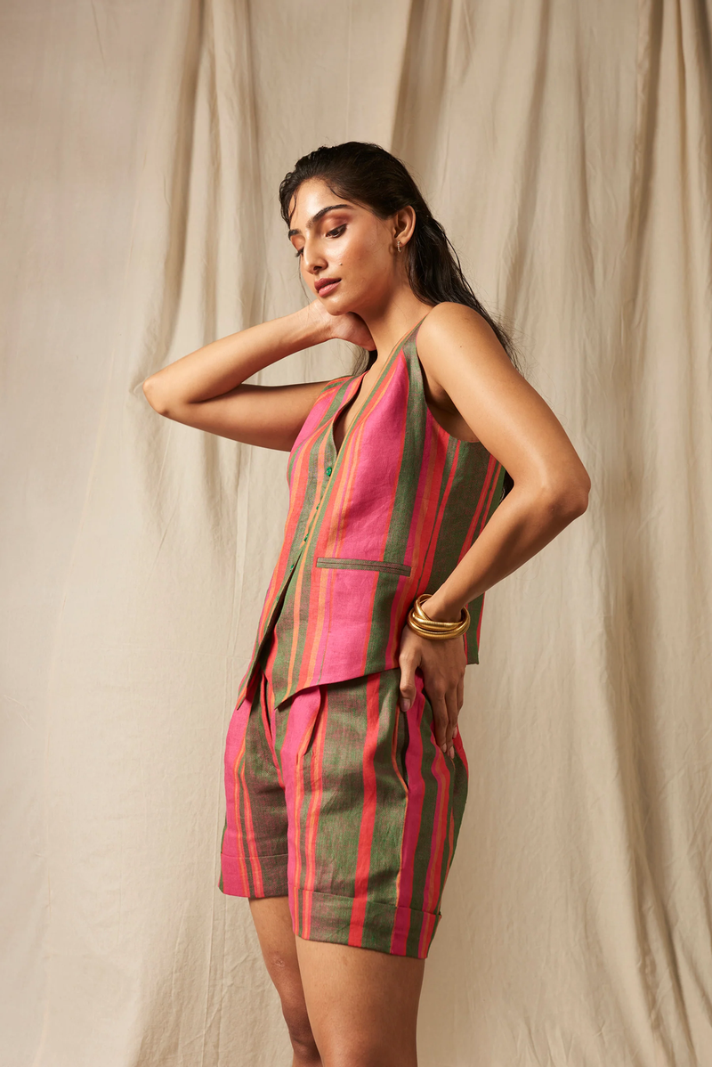 Surekha Linen Waist Coat Set linen by Saphed in multi color for women Worldwide